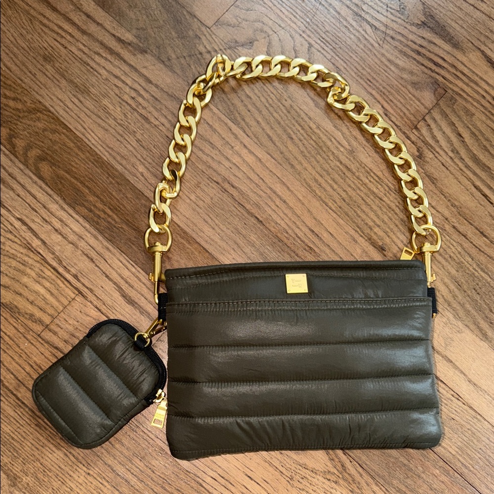 THINK ROYLN Olive Quilted Shoulder Bag with Gold Chain